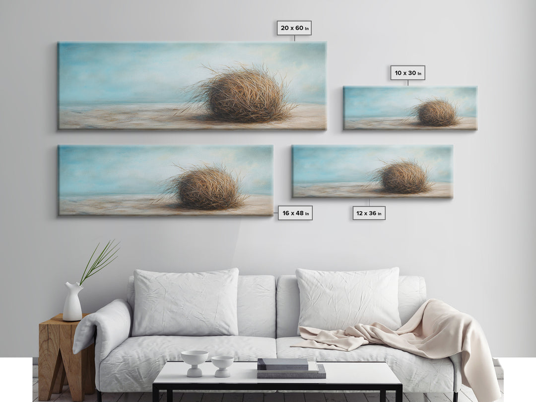 Coastal Tumbleweed On Sandy Shore Canvas Print, Neutral Beach Wall Art, Seascape Decor, Calm Ocean Landscape Painting Gift