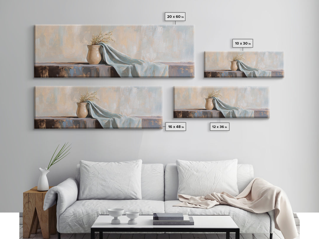 Beige Vase With Dried Grass And Blue Draped Cloth Wall Art, Wabi Sabi Canvas Print, Neutral Home Decor For Living Room Gift