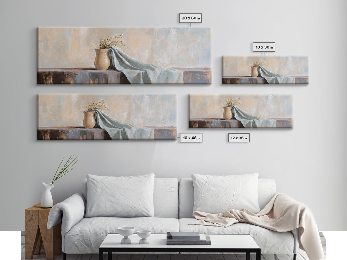 Beige Vase With Dried Grass And Blue Draped Cloth Wall Art, Wabi Sabi Canvas Print, Neutral Home Decor For Living Room Gift