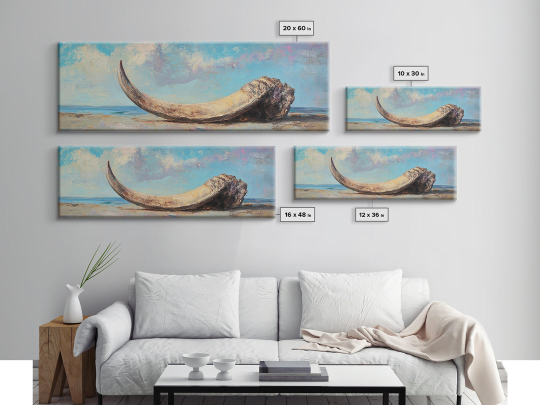 Weathered Ivory Tusk On Shore Canvas Print, Coastal Wall Art, Rustic Beach House Decor, Nautical Long Horizontal Living Room Art