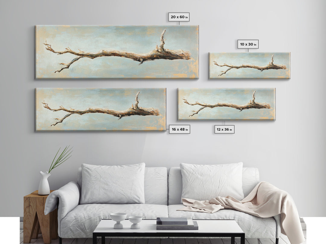 Bleached Driftwood Branch Framed Canvas Print, Rustic Coastal Wall Art, Minimalist Beach House Decor, Long Horizontal Art