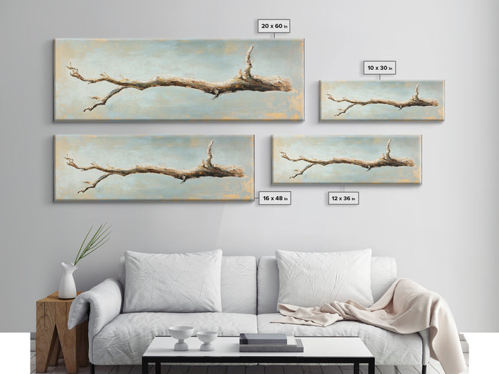 Bleached Driftwood Branch Framed Canvas Print, Rustic Coastal Wall Art, Minimalist Beach House Decor, Long Horizontal Art