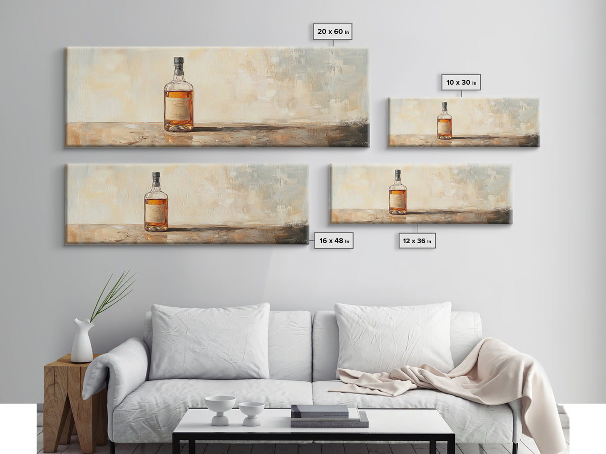 Amber Whiskey Bottle Still Life Framed Canvas Print, Bar Wall Art, Rustic Home Bar Decor, Masculine Man Cave Whiskey Lover Gift