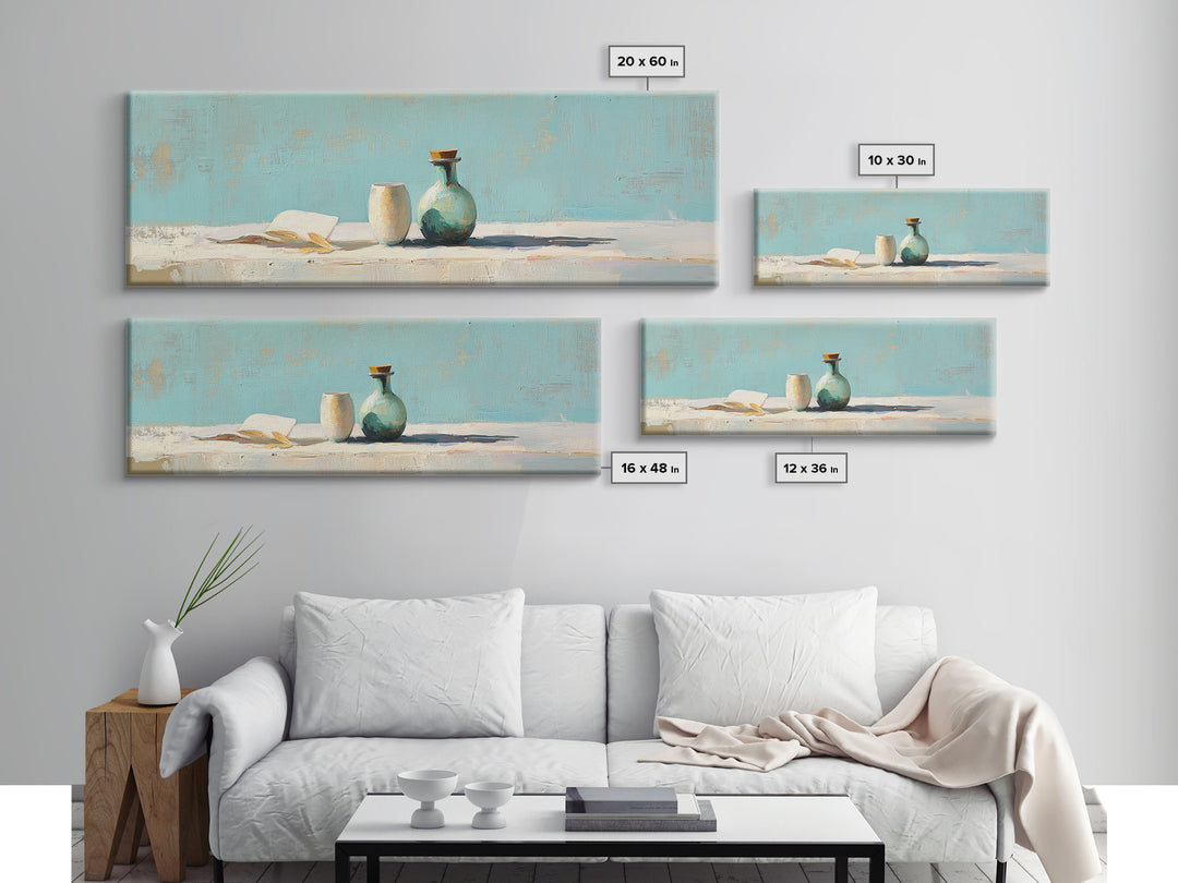 Turquoise Vase And Open Book Canvas Print, Minimalist Wall Art, Coastal Still Life Decor, Modern Japandi Living Room Art