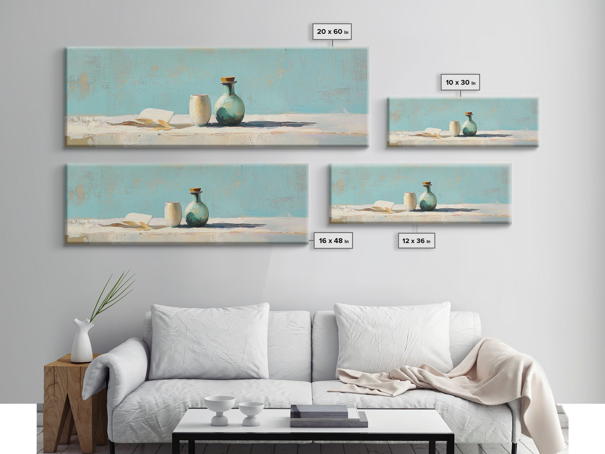 Turquoise Vase And Open Book Canvas Print, Minimalist Wall Art, Coastal Still Life Decor, Modern Japandi Living Room Art