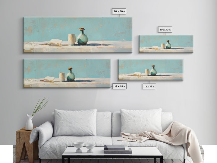 Turquoise Vase And Open Book Canvas Print, Minimalist Wall Art, Coastal Still Life Decor, Modern Japandi Living Room Art