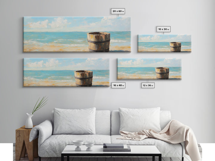 Weathered Barrel On Sunny Beach Wall Art, Coastal Home Decor, Ocean Painting, Nautical Print, Beach House Gift, Seascape Art