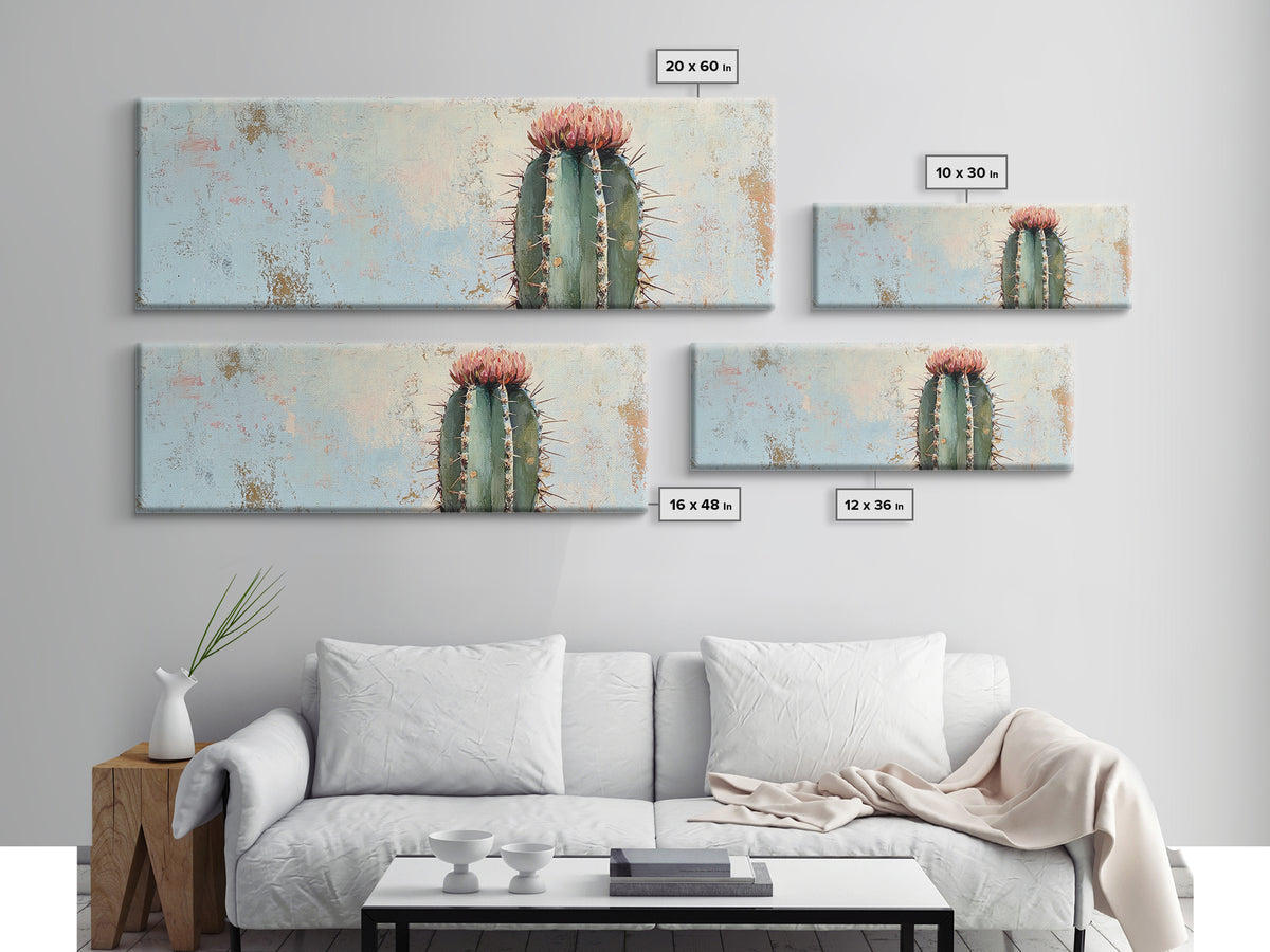 Tall Flowering Cactus Canvas Print, Minimalist Desert Wall Art, Southwestern Botanical Home Decor, Pink Cactus Gift For Her