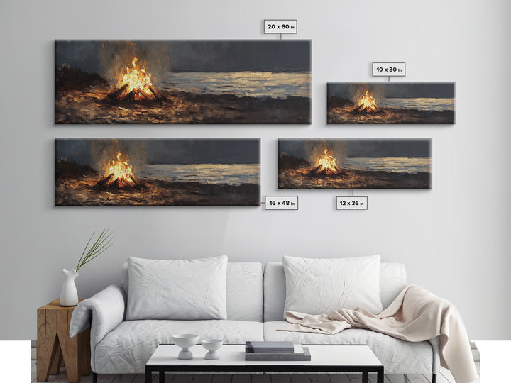 Moody Campfire By Dark Shore Wall Art, Rustic Cabin Canvas Print, Night Landscape Living Room Decor, Cozy Masculine Gift For Him