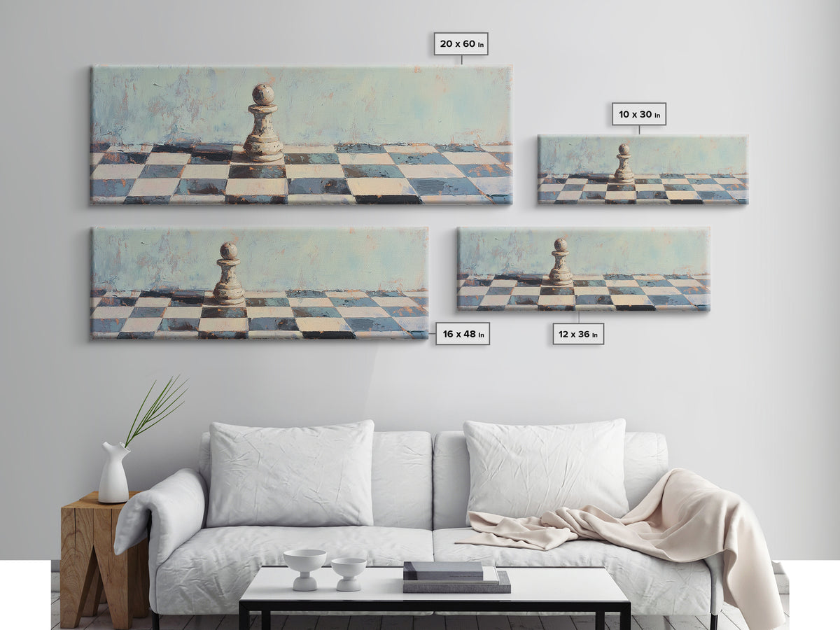 Lone Chess Pawn On Checkered Board Wall Art, Game Room Decor, Modern Office Canvas Print, Abstract Strategy Art Gift For Him