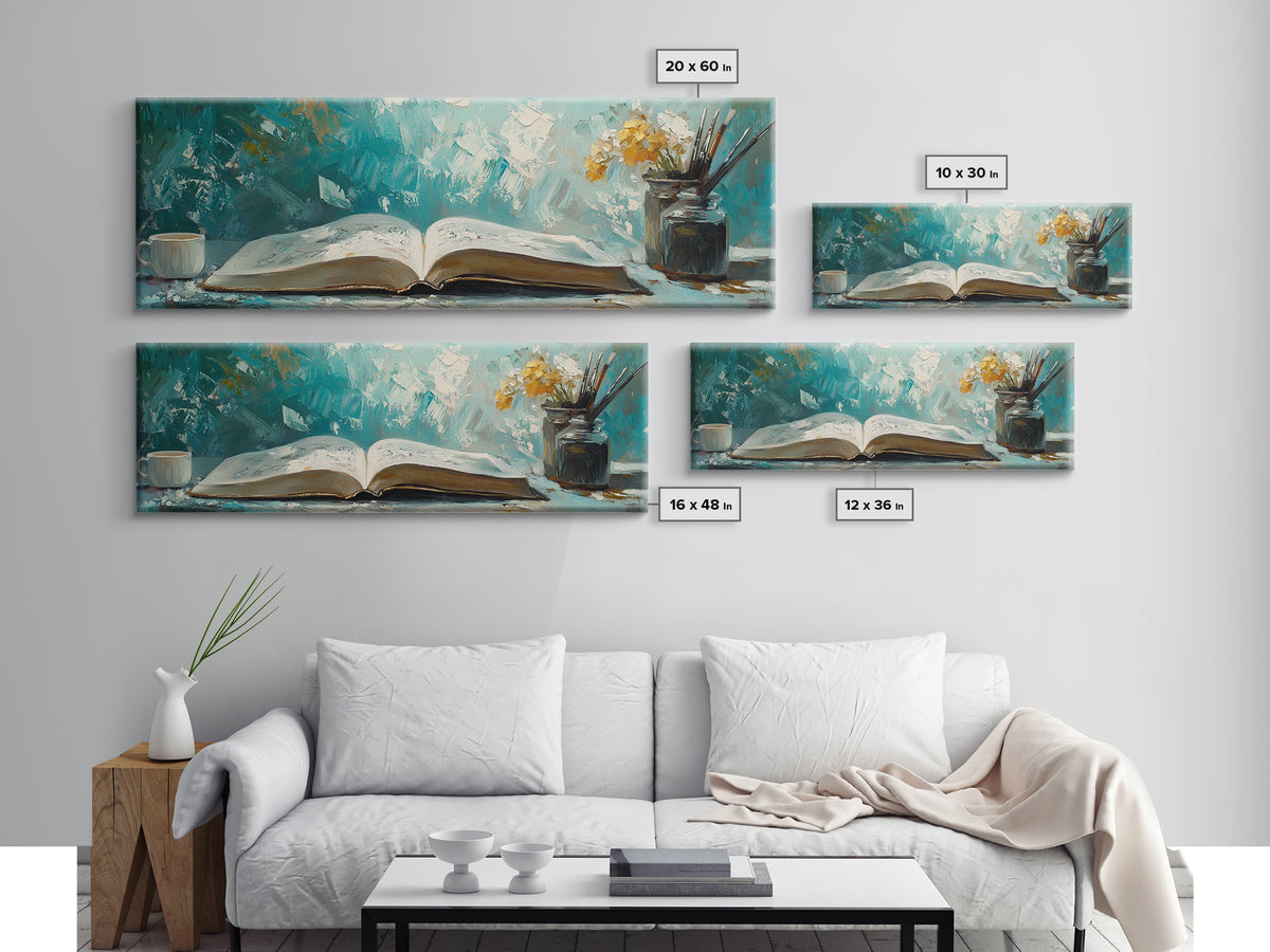 Open Book Still Life Wall Art, Cozy Reading Nook Decor, Library Art Print, Book Lover Gift, Teal Impasto Canvas For Living Room Home Decor