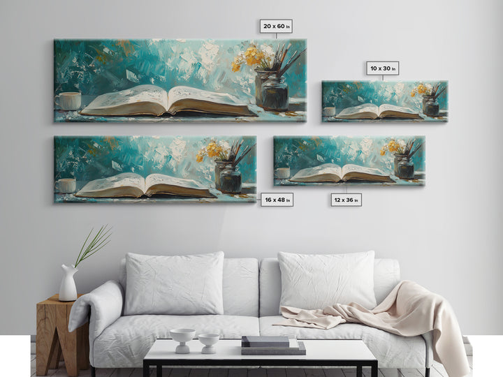 Open Book Still Life Wall Art, Cozy Reading Nook Decor, Library Art Print, Book Lover Gift, Teal Impasto Canvas For Living Room Home Decor