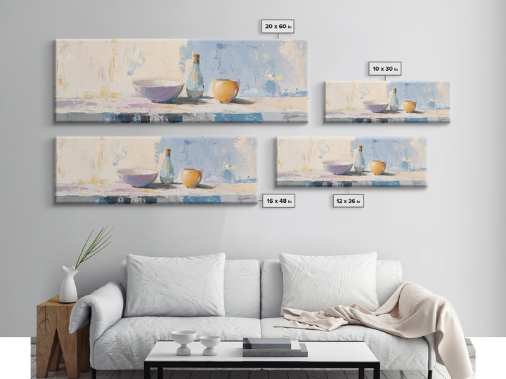 Pastel Bowl Bottle And Orange Canvas Print, Minimalist Kitchen Wall Art, Still Life Painting, Dining Room Decor Gift For Her