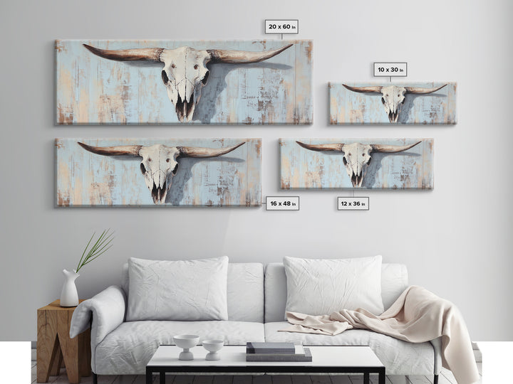 Longhorn Skull On Rustic Blue Wall Art, Western Cowboy Decor, Southwestern Farmhouse, Large Horizontal Ranch Housewarming Gift