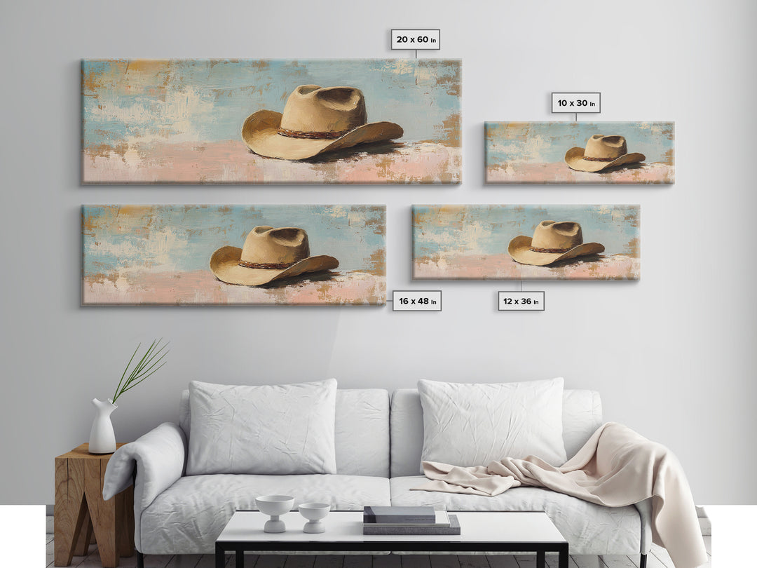 Tan Cowboy Hat On Pastel Blue Canvas Print, Western Wall Art, Rustic Ranch Decor, Southwestern Farmhouse, Neutral Bedroom Decor