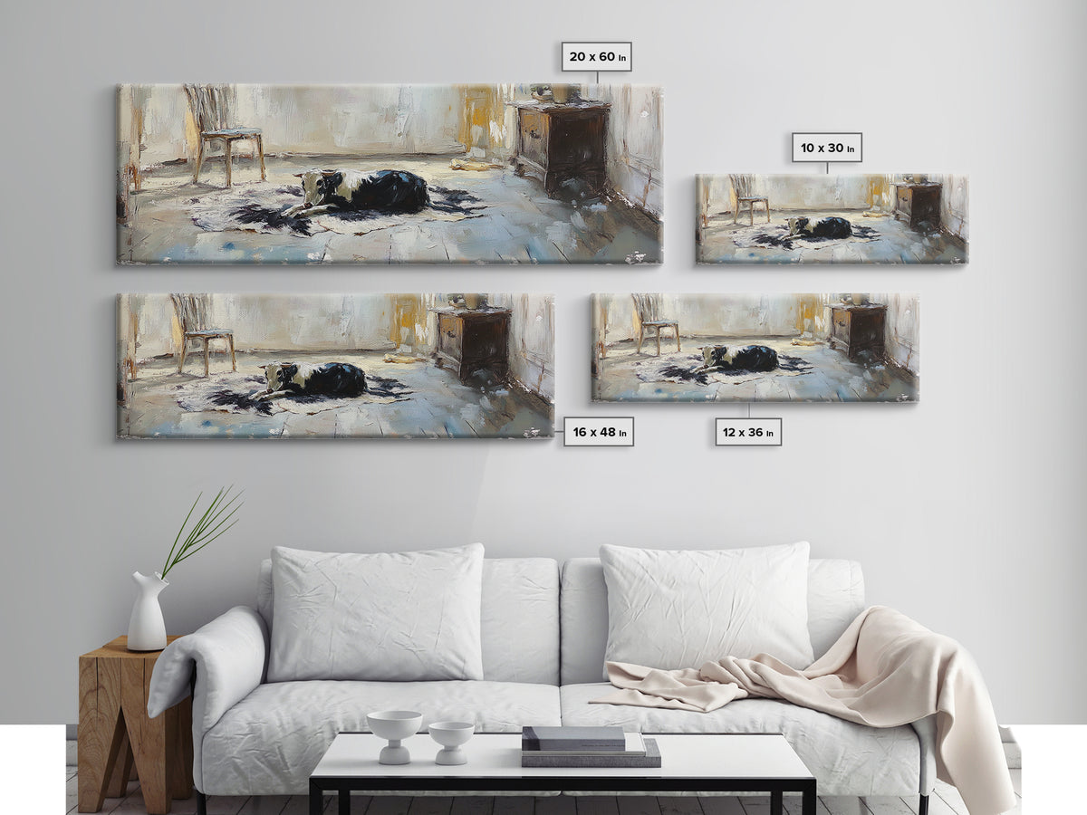 Black And White Cow Resting Canvas Print, Farmhouse Wall Art, Rustic Country Decor, Animal Lover Gift, Cozy Living Room Decor