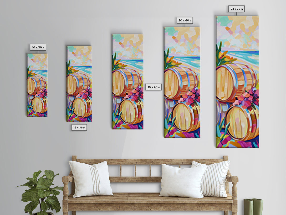 Sunlit Wine Barrels By Turquoise Beach Canvas Print, Coastal Wall Art, Winery Decor, Beach House Decor, Kitchen Art, Dining Room Print