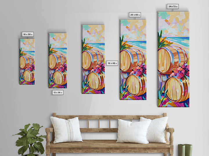 Sunlit Wine Barrels By Turquoise Beach Canvas Print, Coastal Wall Art, Winery Decor, Beach House Decor, Kitchen Art, Dining Room Print