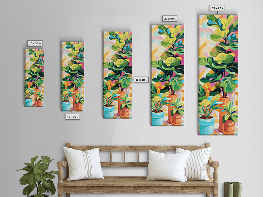 Potted Fiddle Leaf Plants Framed Canvas Print, Botanical Wall Art, Colorful Boho Home Decor, Plant Lover Housewarming Gift