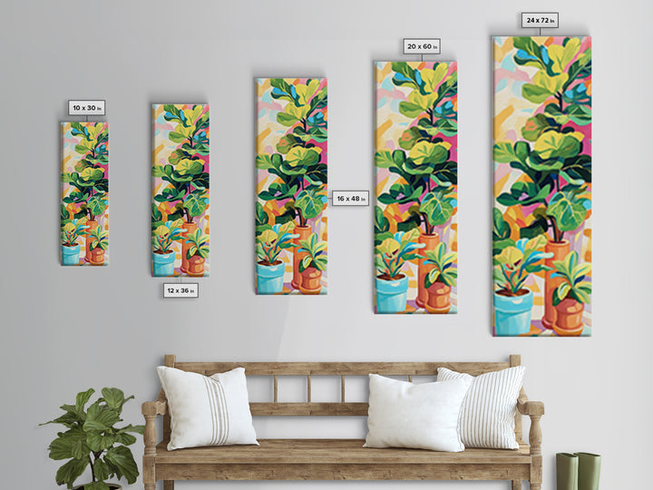 Potted Fiddle Leaf Plants Framed Canvas Print, Botanical Wall Art, Colorful Boho Home Decor, Plant Lover Housewarming Gift