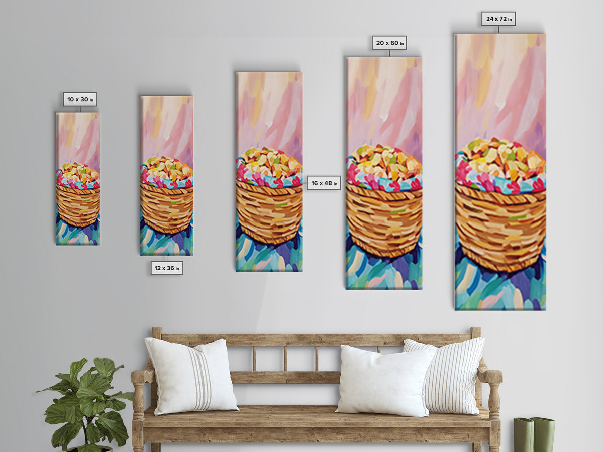 Woven Basket Of Colorful Sweets Canvas Print, Pastel Kitchen Wall Art, Bakery Decor, Cute Food Art Print, Housewarming Gift