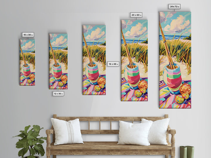 Striped Beach Bucket And Fishing Rods Canvas Print, Coastal Wall Art, Nautical Home Decor, Beach House Gift, Summer Decor