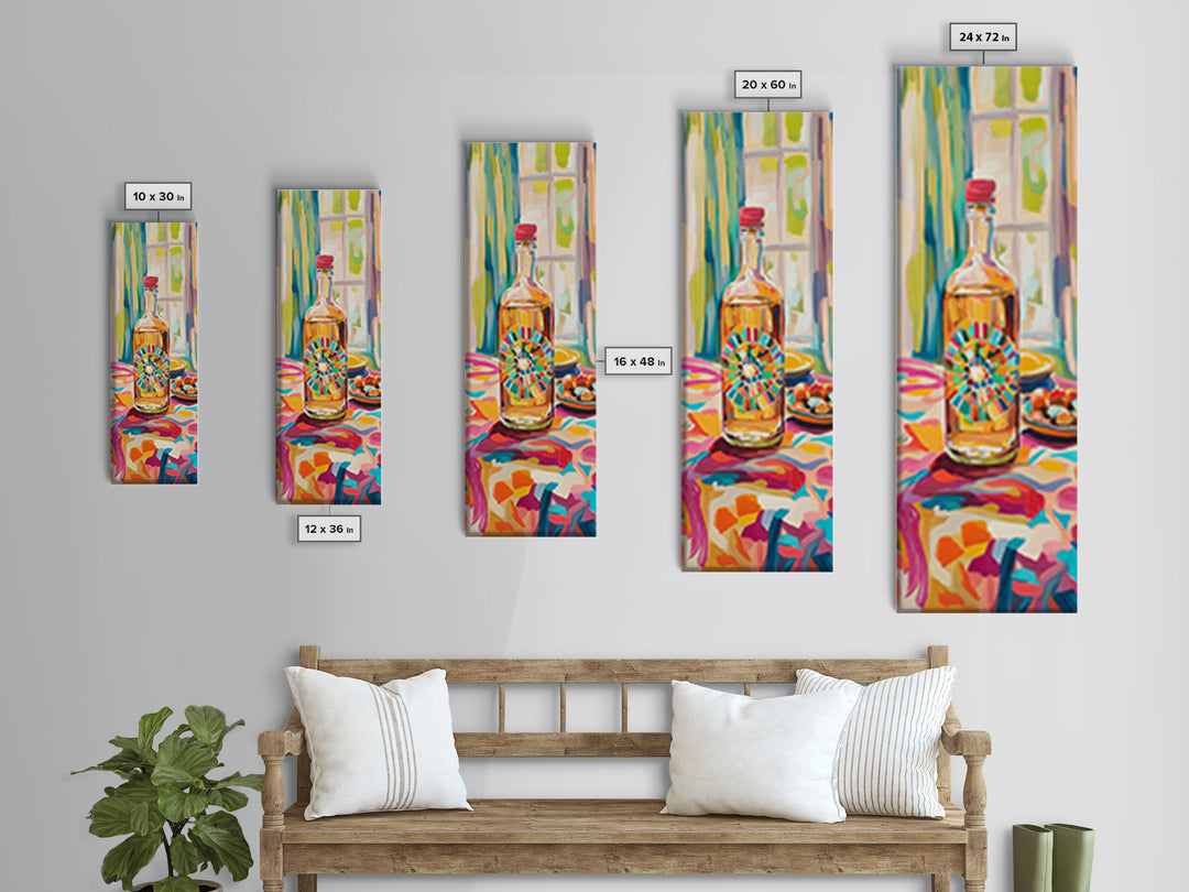 Colorful Tequila Bottle And Citrus Canvas Print, Mediterranean Kitchen Wall Art, Bar Cart Decor, Bright Dining Room Gift