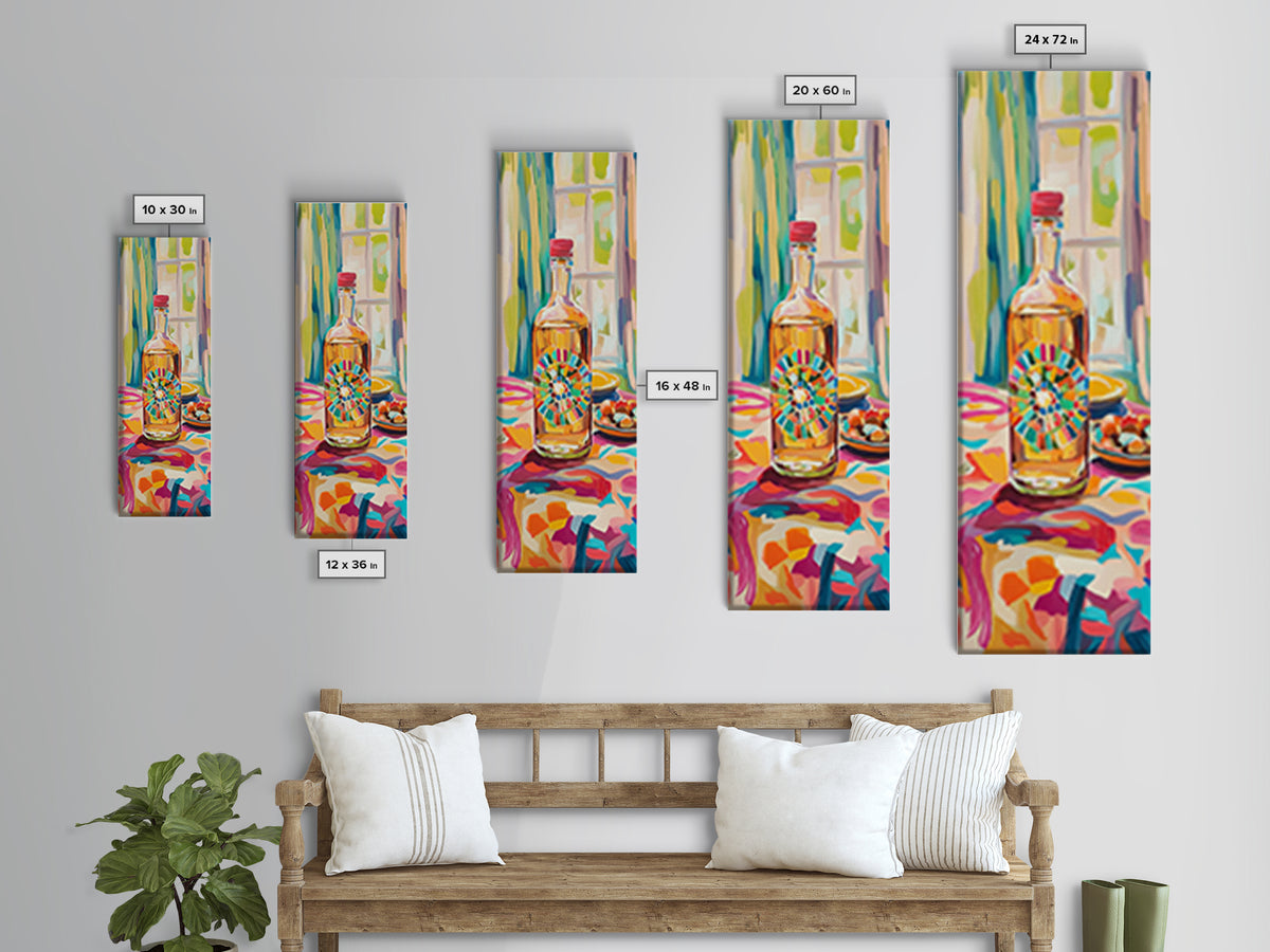 Colorful Tequila Bottle And Citrus Canvas Print, Mediterranean Kitchen Wall Art, Bar Cart Decor, Bright Dining Room Gift