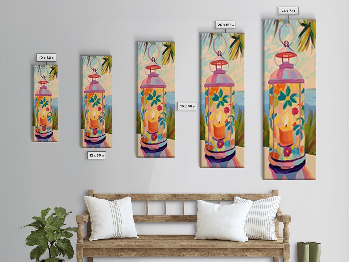 Pink Floral Candle Lantern Canvas Print, Coastal Wall Art, Tropical Beach House Decor, Bright Summer Patio Art For Living Room