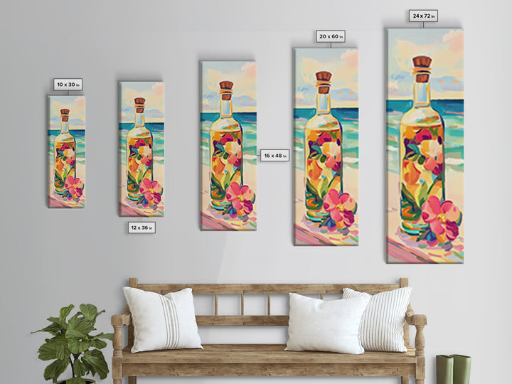 Floral Glass Bottle By Turquoise Sea Wall Art, Coastal Kitchen Decor, Beach House Art Print, Tropical Flowers Canvas Print