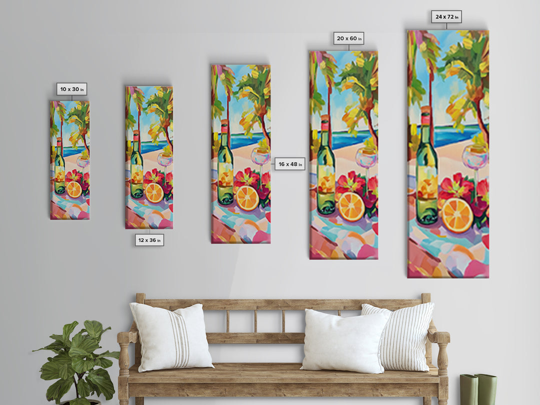 Tropical Wine Bottle And Citrus Still Life Wall Art, Beach House Decor, Coastal Kitchen Art, Summer Bar Cart Canvas Print