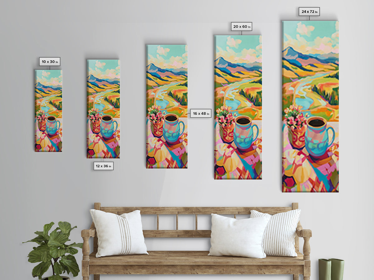 Mountain Valley Coffee Mug Landscape Wall Art, Colorful Nature Painting, Cozy Kitchen Decor, Housewarming Gift Canvas Print