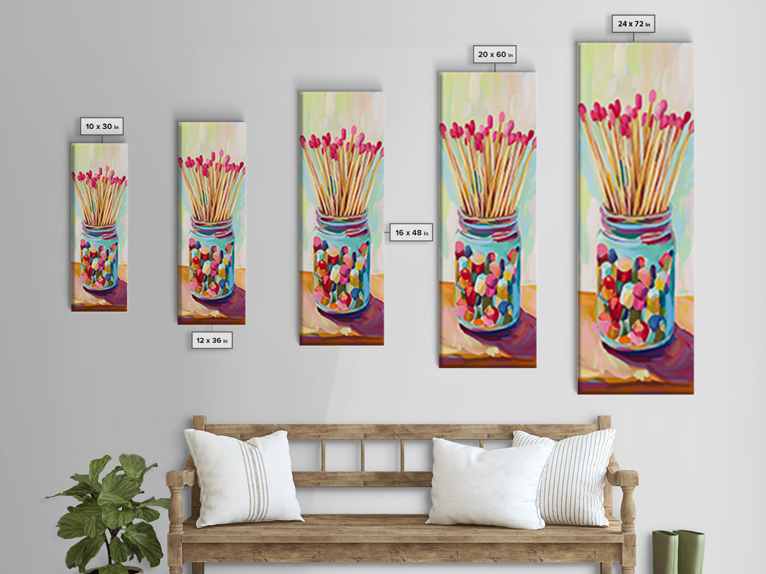 Colorful Matchstick Jar Canvas Print, Whimsical Kitchen Wall Art, Bright Still Life Painting, Fun Eclectic Home Decor Gift