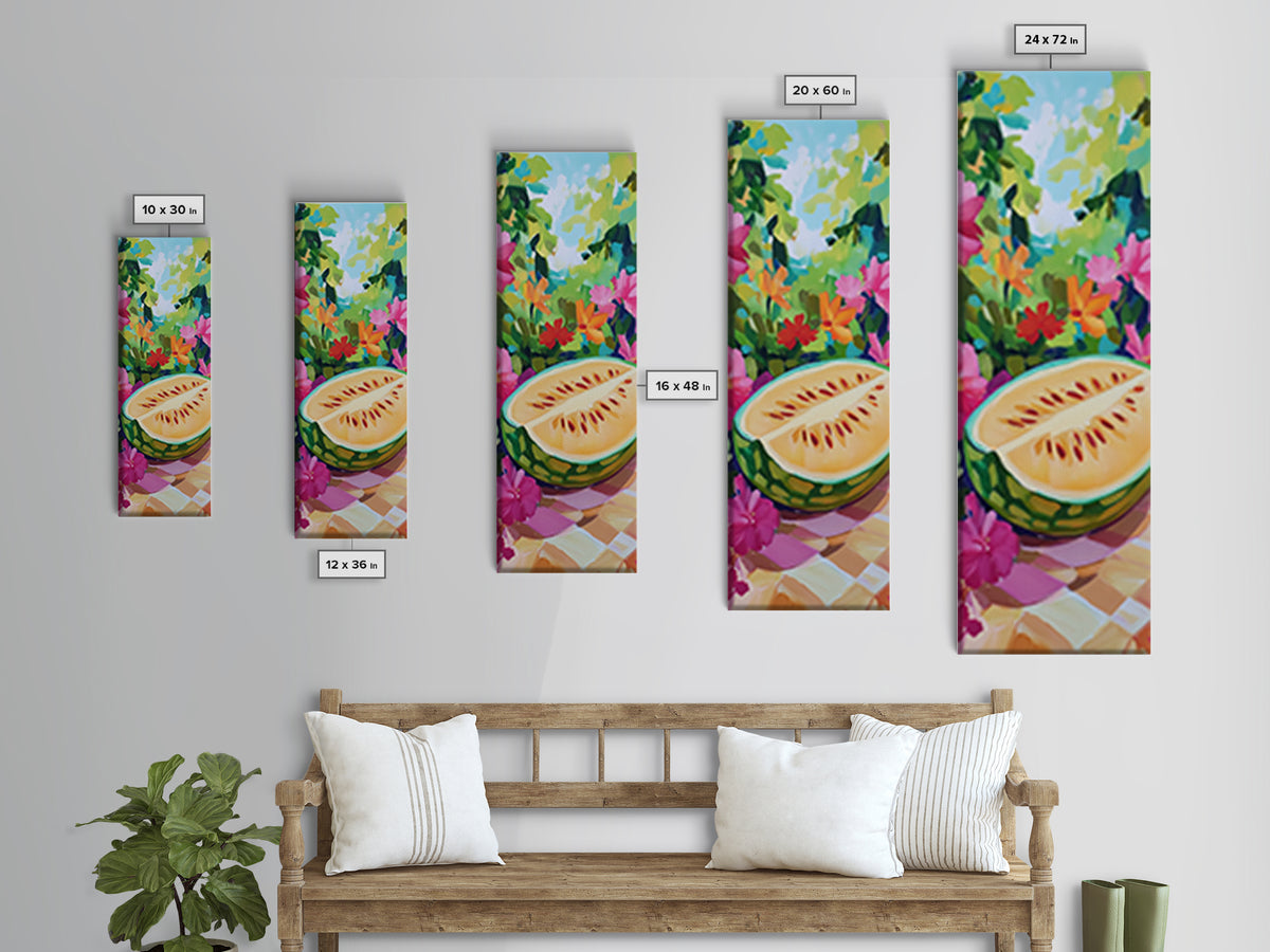 Sunlit Melon Slice In Garden Wall Art, Colorful Fruit Canvas Print, Tropical Kitchen Decor, Whimsical Summer Art Print Gift