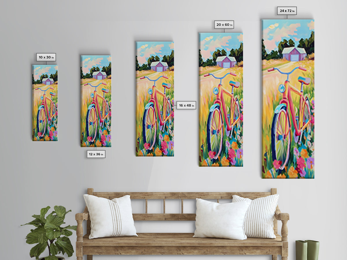 Pink Bicycle In Wildflower Meadow Wall Art, Rustic Country Canvas Print, Farmhouse Decor, Summer Landscape Art Gift For Her