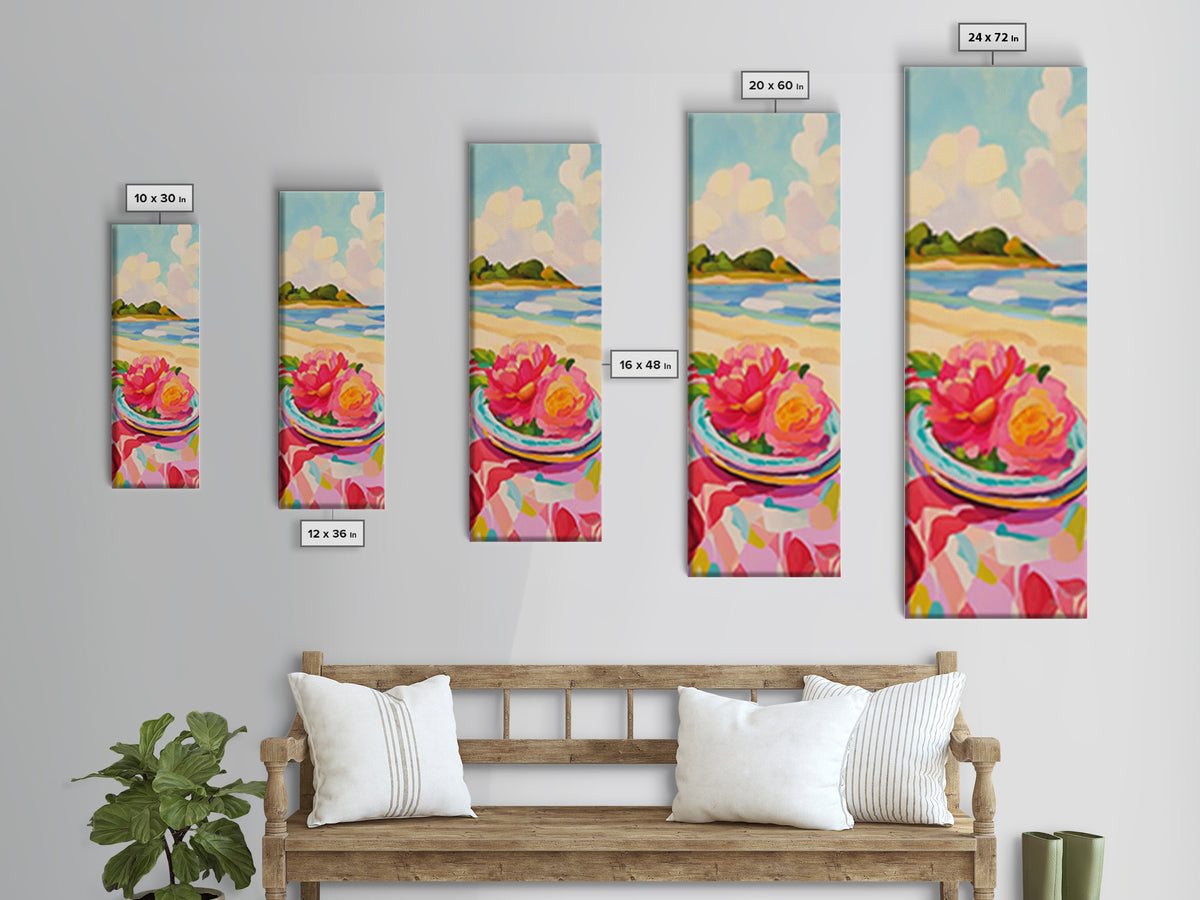 Pink Flowers On Sunny Beach Canvas Print, Coastal Seascape Wall Art, Feminine Summer Decor For Bedroom And Living Room Gift