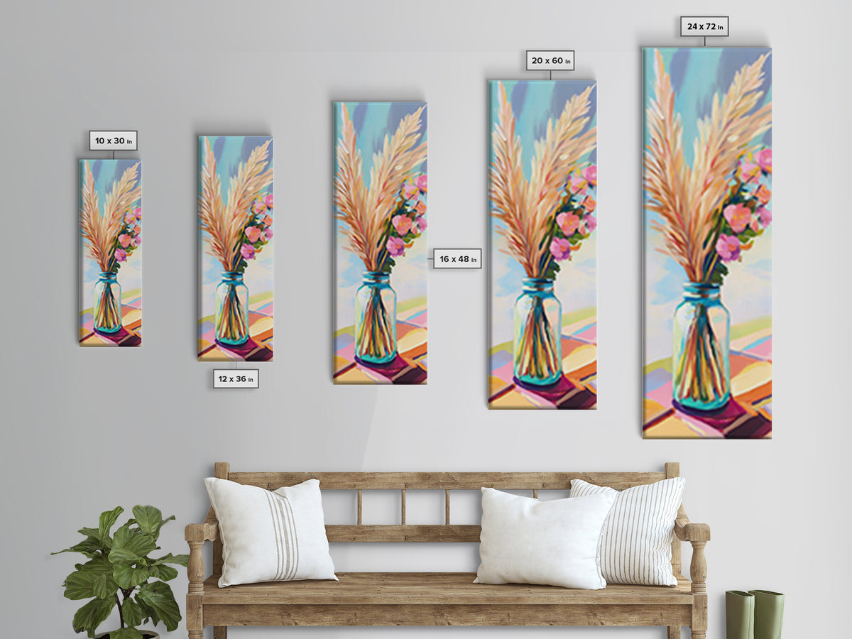 Pampas Grass In Blue Mason Jar Canvas Print, Boho Floral Wall Art, Neutral Home Decor, Rustic Bedroom Decor, Gift For Her