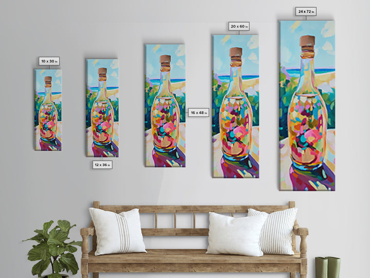 Colorful Sea Glass Bottle On Sunny Beach Wall Art, Coastal Canvas Wall Art, Beach House Decor, Vibrant Kitchen Art Print