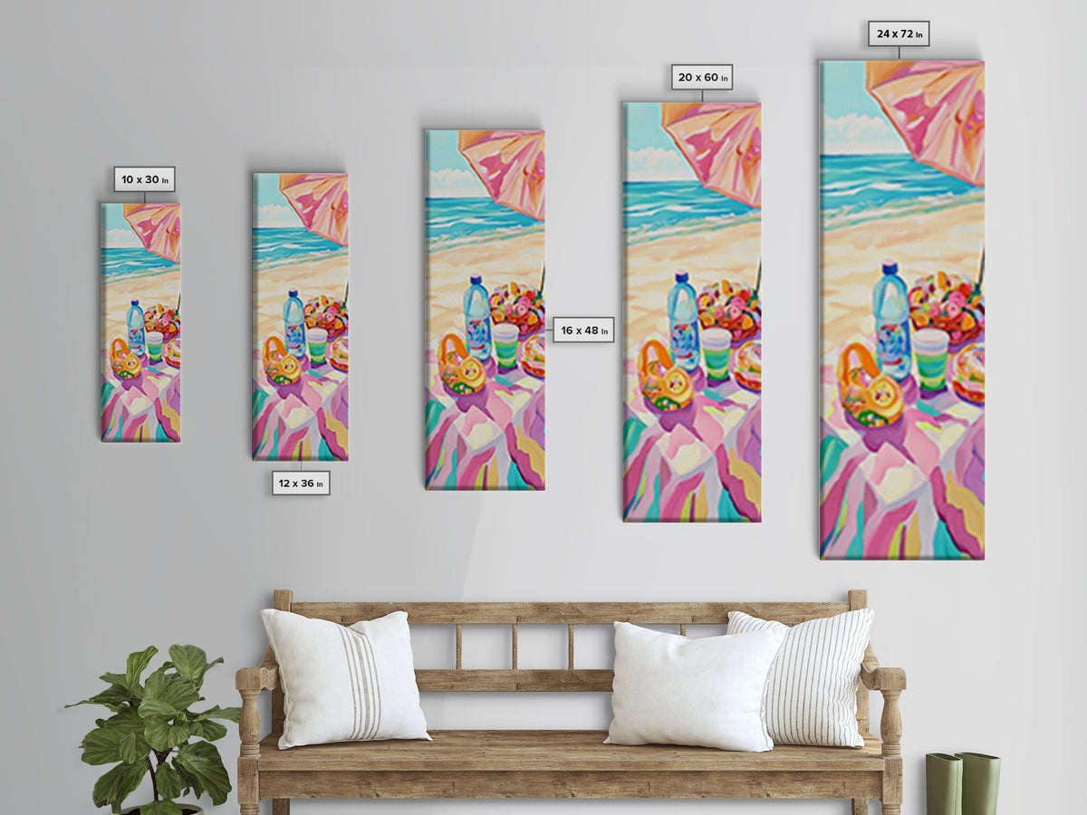 Beach Picnic Under Pink Umbrella Canvas Print, Coastal Wall Art, Colorful Beach House Decor, Summer Kitchen Art Print Gift