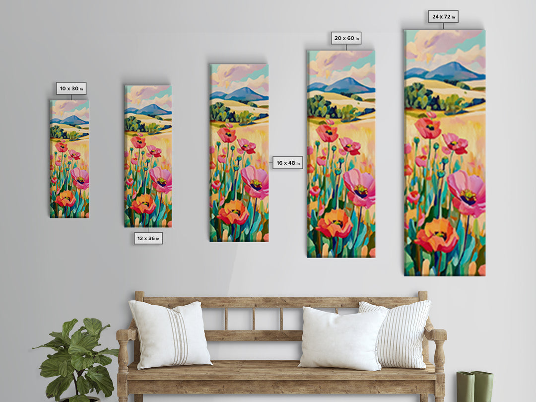 Pink Poppy Field Landscape Wall Art, Colorful Nature Canvas Print, Farmhouse Decor, Mountain Wall Art, Housewarming Gift