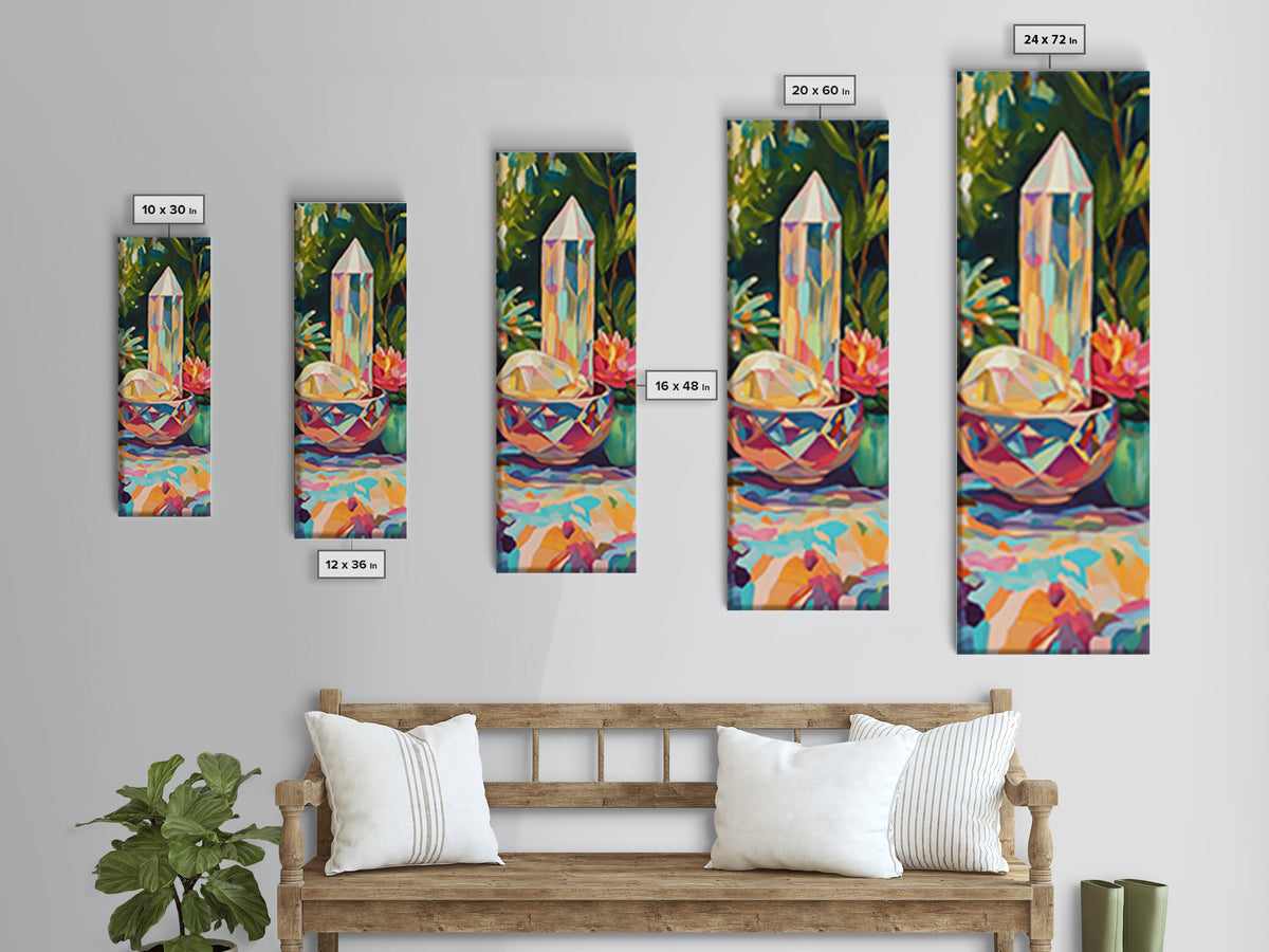 Rainbow Crystal Points With Tropical Flowers Canvas Print, Mystical Wall Art, Boho Home Decor, Meditation Room Decor, Gift