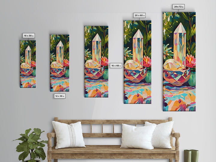 Rainbow Crystal Points With Tropical Flowers Canvas Print, Mystical Wall Art, Boho Home Decor, Meditation Room Decor, Gift