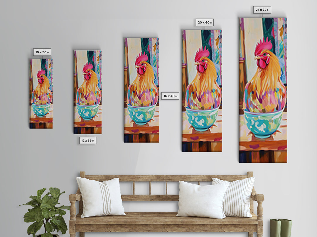 Whimsical Rooster In Teacup Wall Art, Farmhouse Kitchen Canvas Print, Colorful Chicken Decor, Rustic Country Art Gift Idea