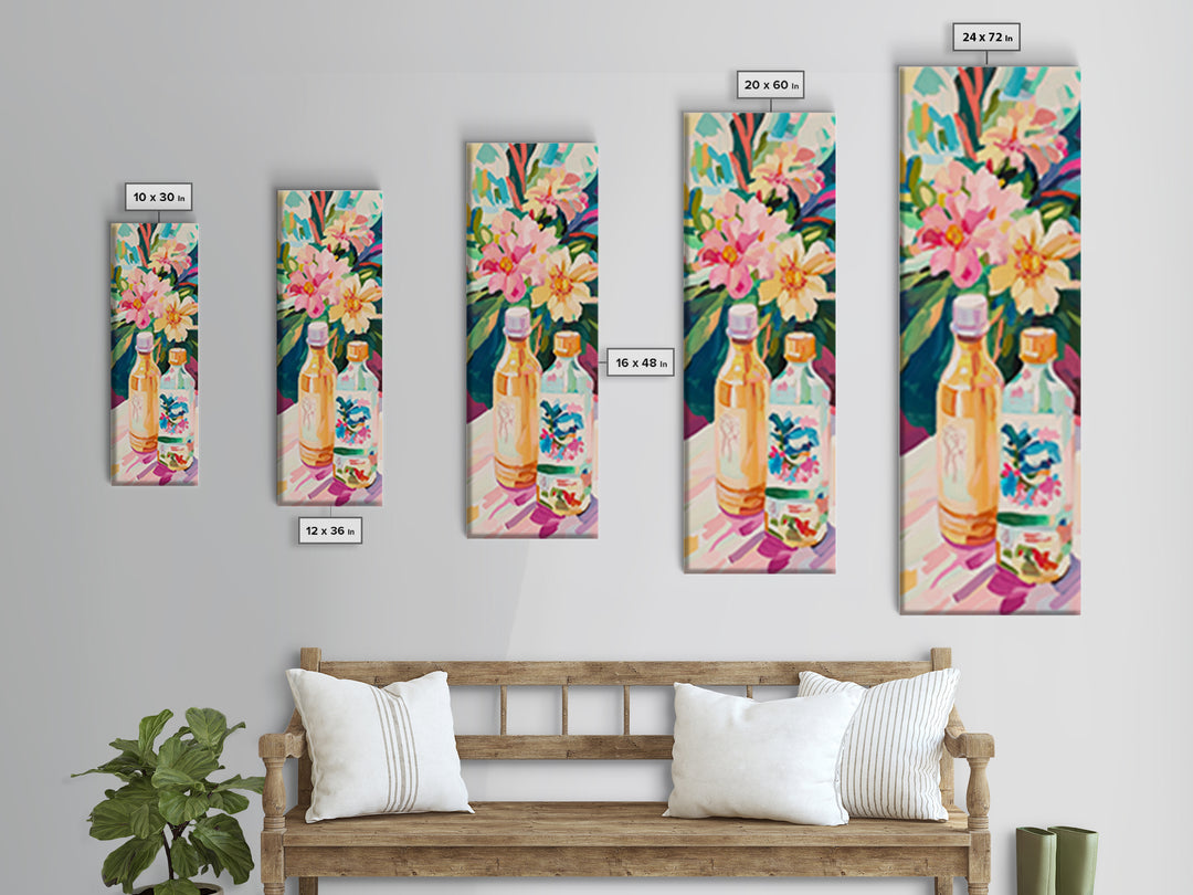 Tropical Flowers And Bottles Wall Art, Colorful Kitchen Canvas Print, Botanical Bar Cart Decor, Summer Dining Room Art Print