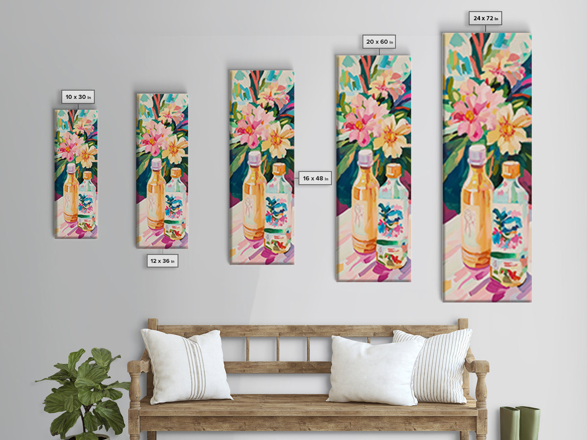 Tropical Flowers And Bottles Wall Art, Colorful Kitchen Canvas Print, Botanical Bar Cart Decor, Summer Dining Room Art Print