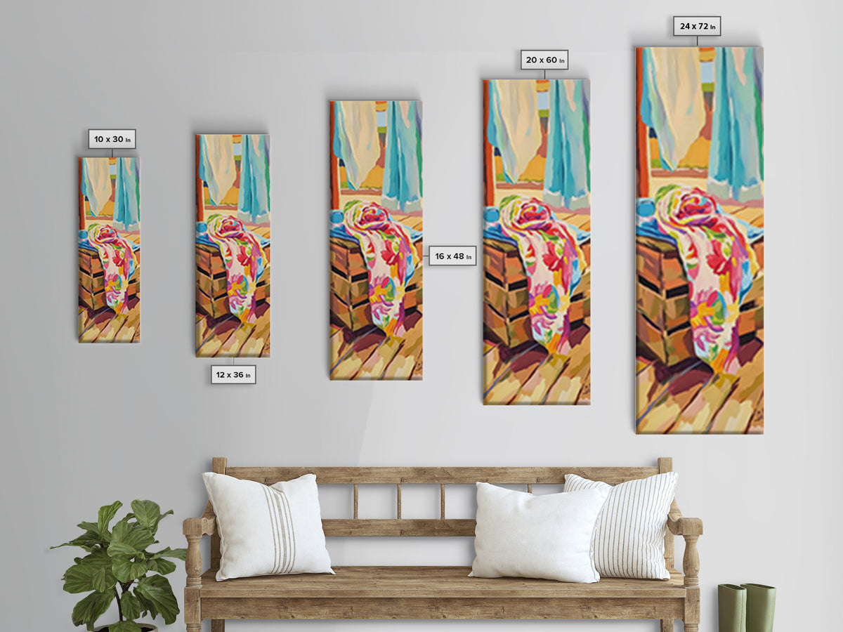 Beach Towels On Sunlit Chair Framed Canvas Print, Coastal Home Decor, Summer Beach House Art, Colorful Bathroom Wall Art