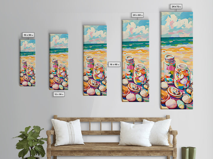 Beach Seashell Jars Canvas Print, Coastal Wall Art, Ocean Decor, Nautical Art Print, Beach House Living Room Decor Gift Idea