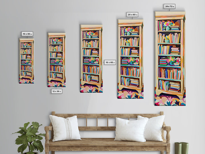 Tall Bookshelf And Flowers Canvas Print, Bookstore Wall Art, Library Decor, Book Lover Gift, Cozy Reading Nook Home Decor
