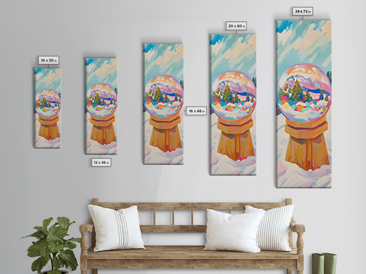 Mountain Snow Globe With Rainbow Winter Scene Framed Canvas Print, Whimsical Wall Art, Nursery Decor, Christmas Gift, Cozy Home Decor