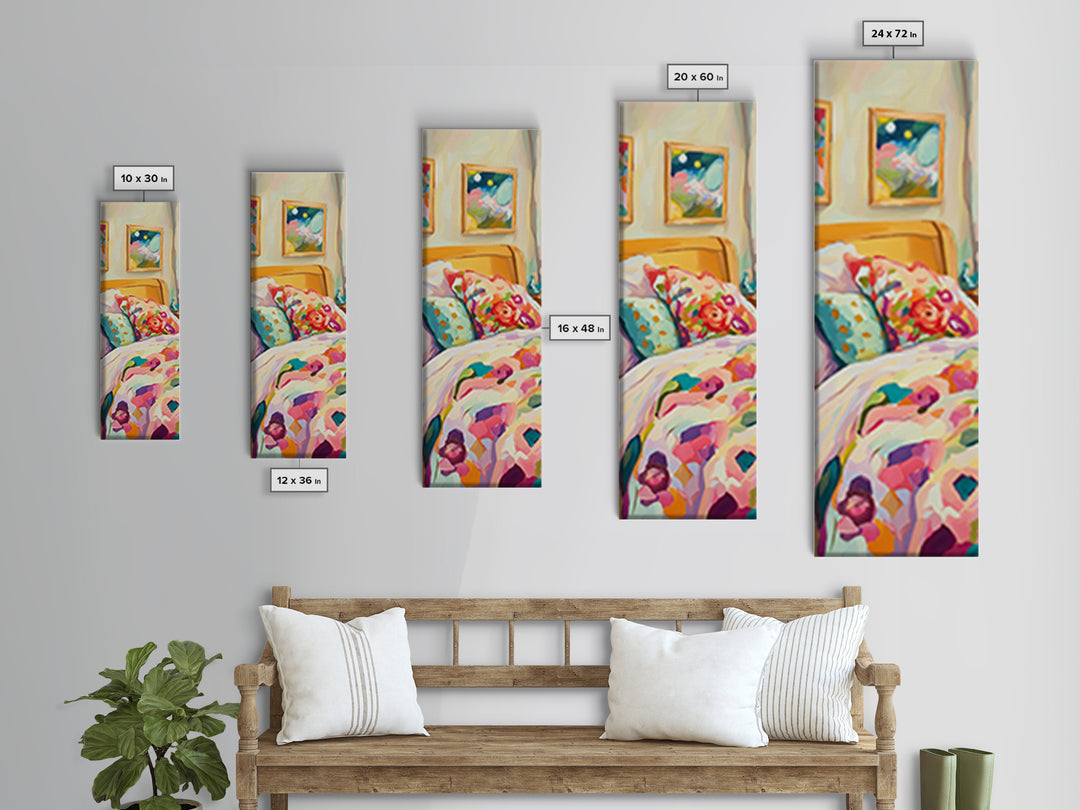 Floral Pillows On Cozy Bedroom Bed Framed Canvas Print, Romantic Wall Art, Bedroom Decor, Above Bed Art, Housewarming Gift